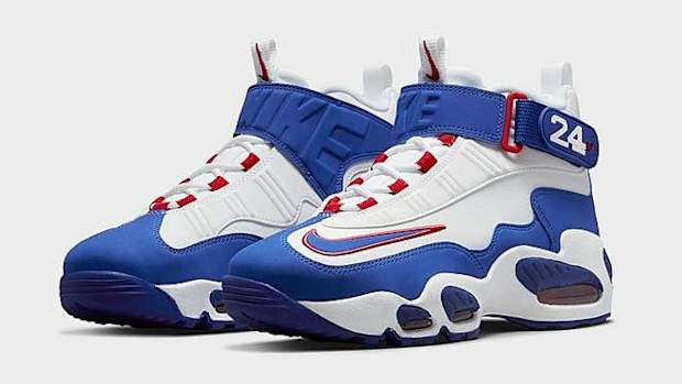 Side view of Ken Griffey's white and blue Nike shoes.